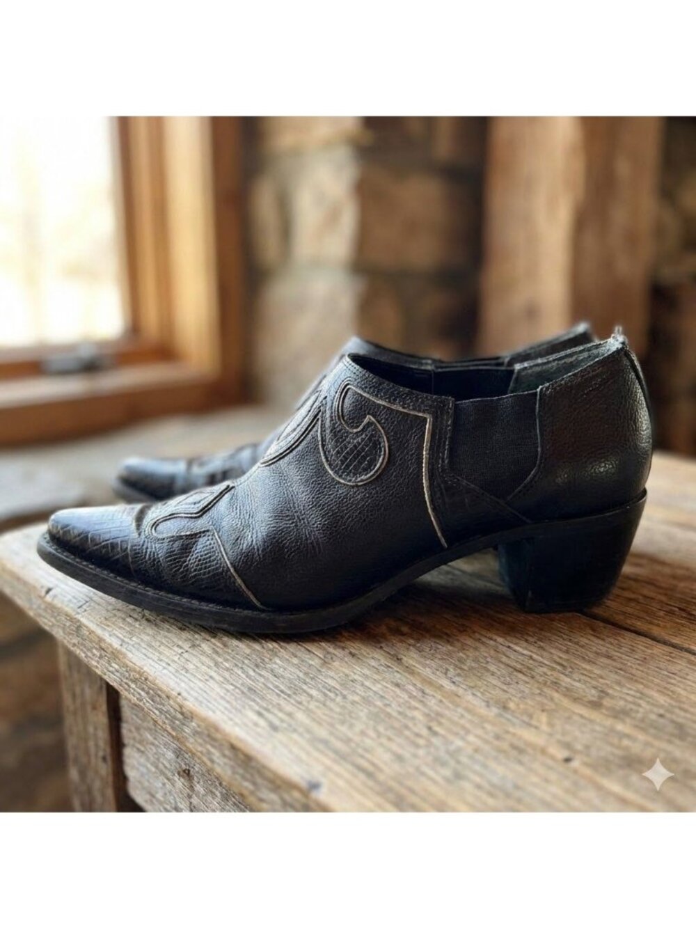 Vintage 90s Black Leather Cowboy Boots Ankle Bootie Boho Western Grunge 6.5